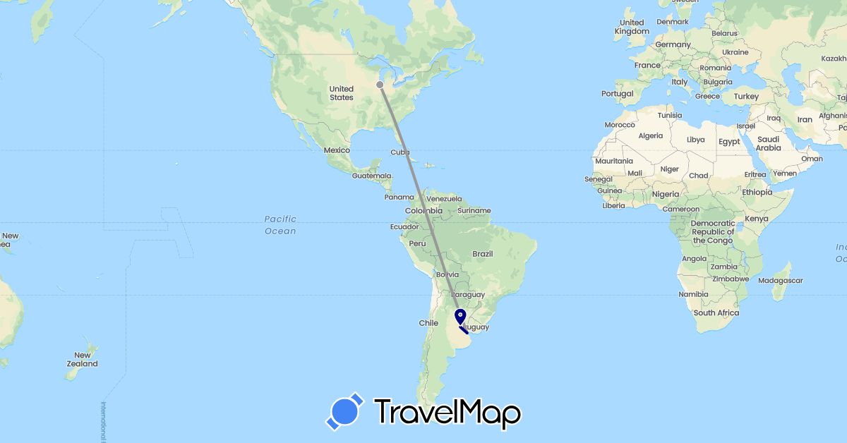 TravelMap itinerary: driving, plane in Argentina, United States (North America, South America)